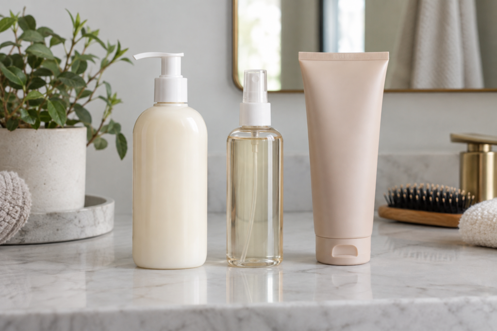 Hair styling products arranged in the order they should be applied