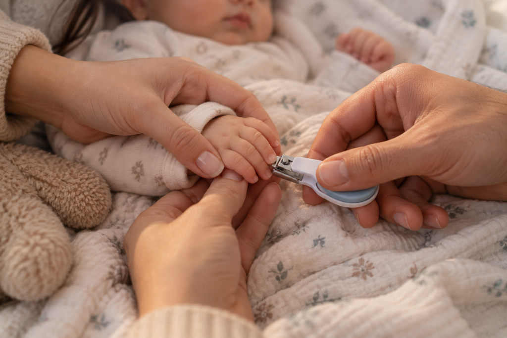 Two parents working together to trim a wiggly baby's nails