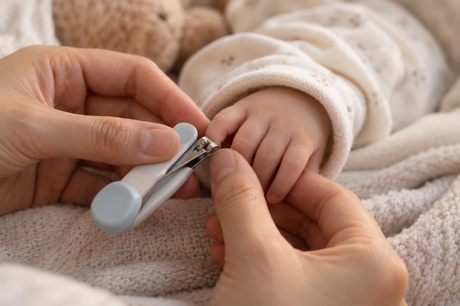 Parent gently trimming a sleeping baby's fingernails with baby-safe clippers