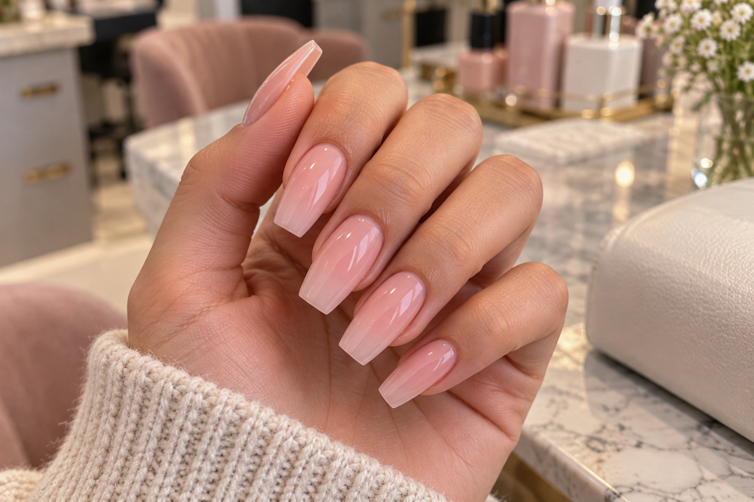 Close-up of a hand with a freshly finished set of acrylic nails