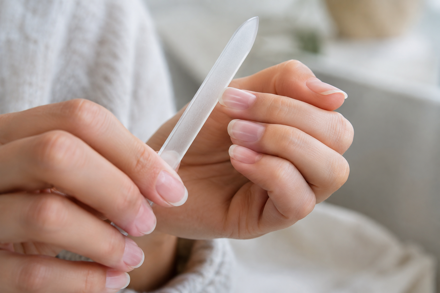 Close-up of a hand carefully filing a natural nail with a glass file