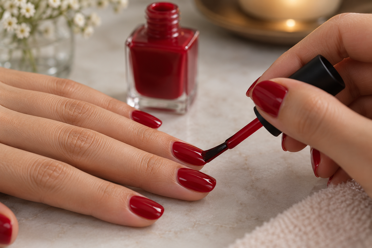 Close-up of a hand carefully painting a nail with clean polish strokes