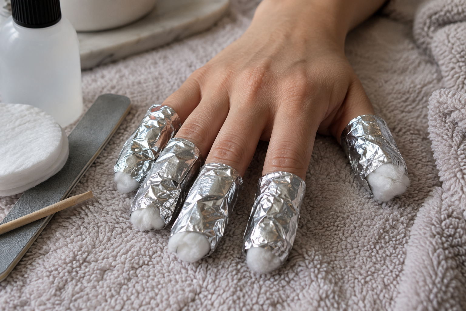 Hand with fingers wrapped in foil soaking off polygel nail extensions
