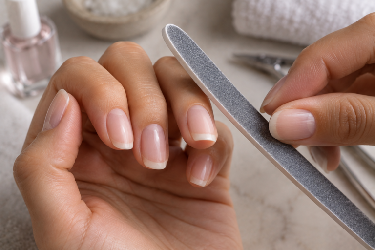 Close-up of a hand filing a natural nail at the correct angle