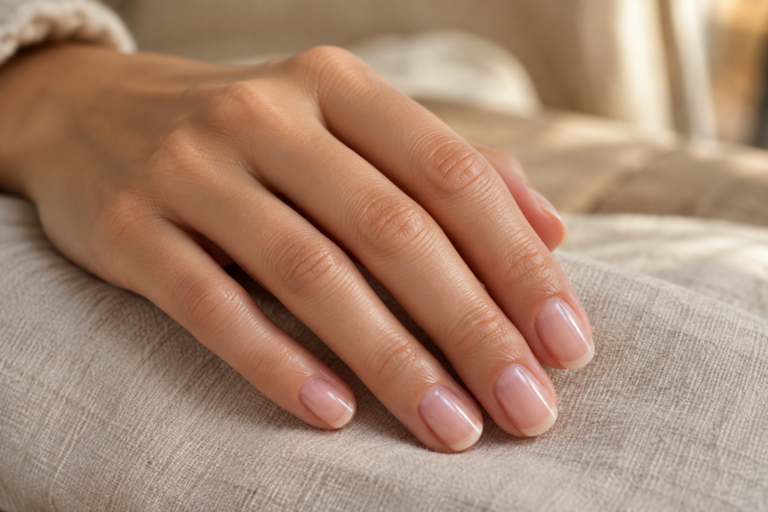Hand with neatly manicured, healthy-looking nails resting calmly