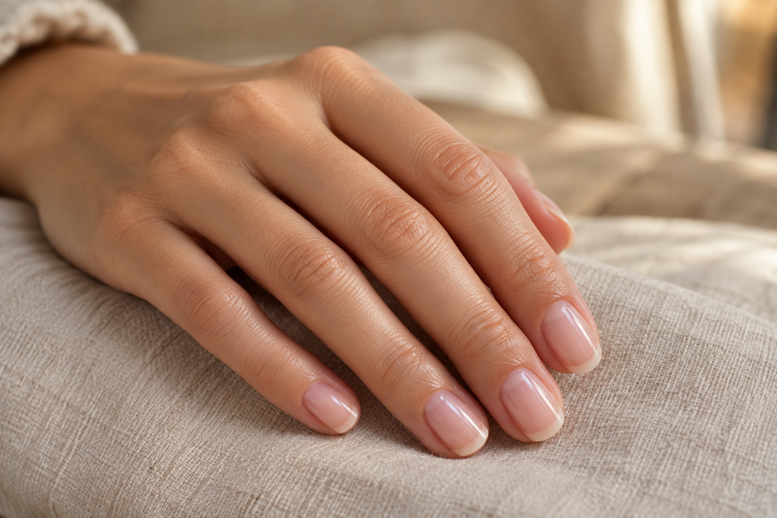 Hand with neatly manicured, healthy-looking nails resting calmly