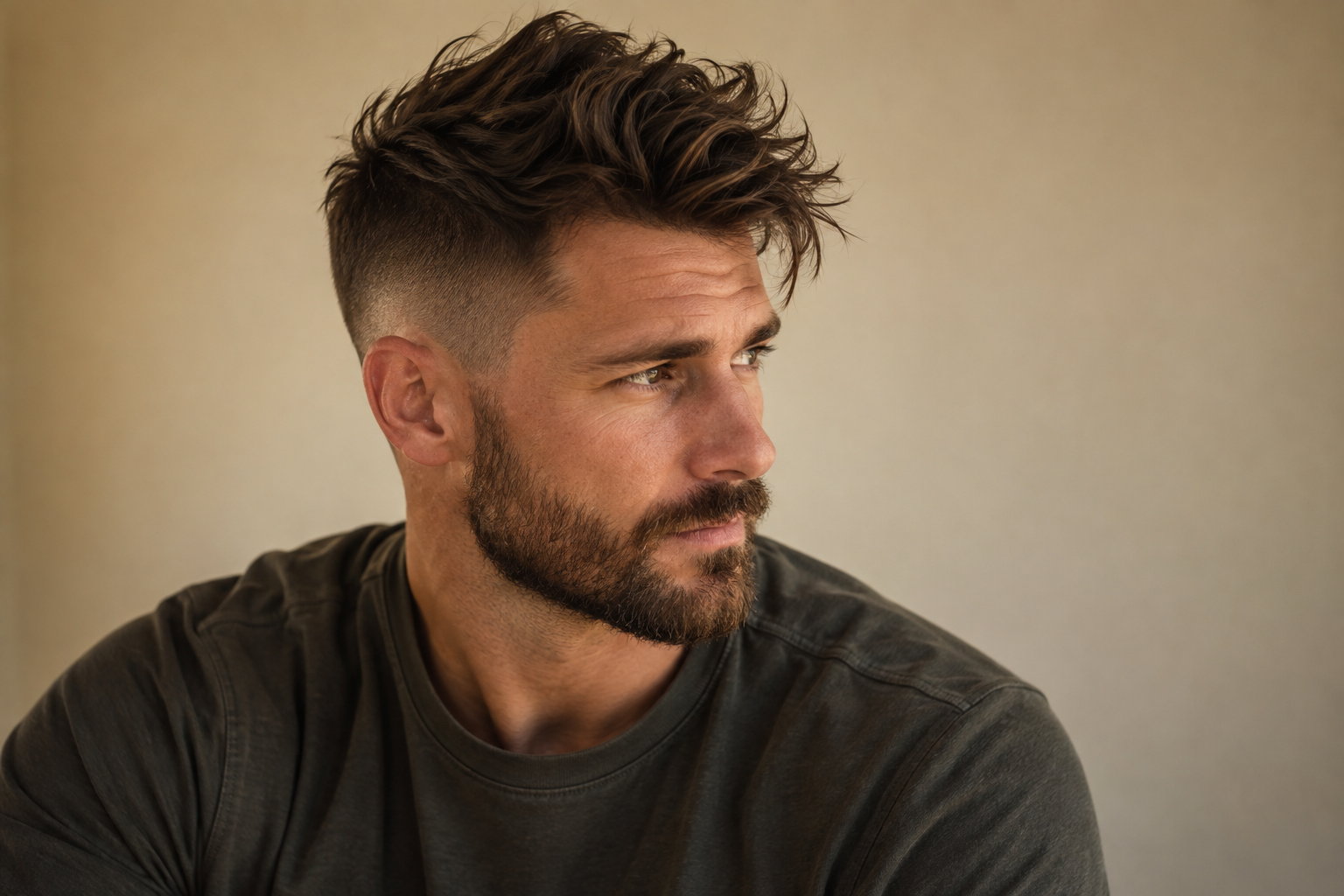 Man with thick, textured hair styled in a modern warrior cut