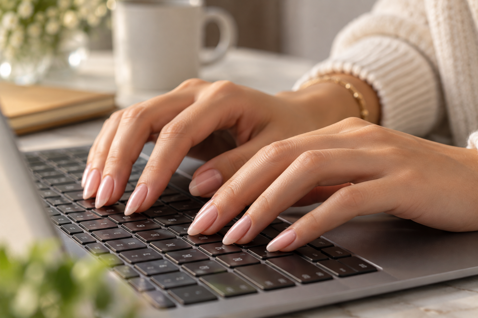 Close-up of hands with long nails typing on a keyboard