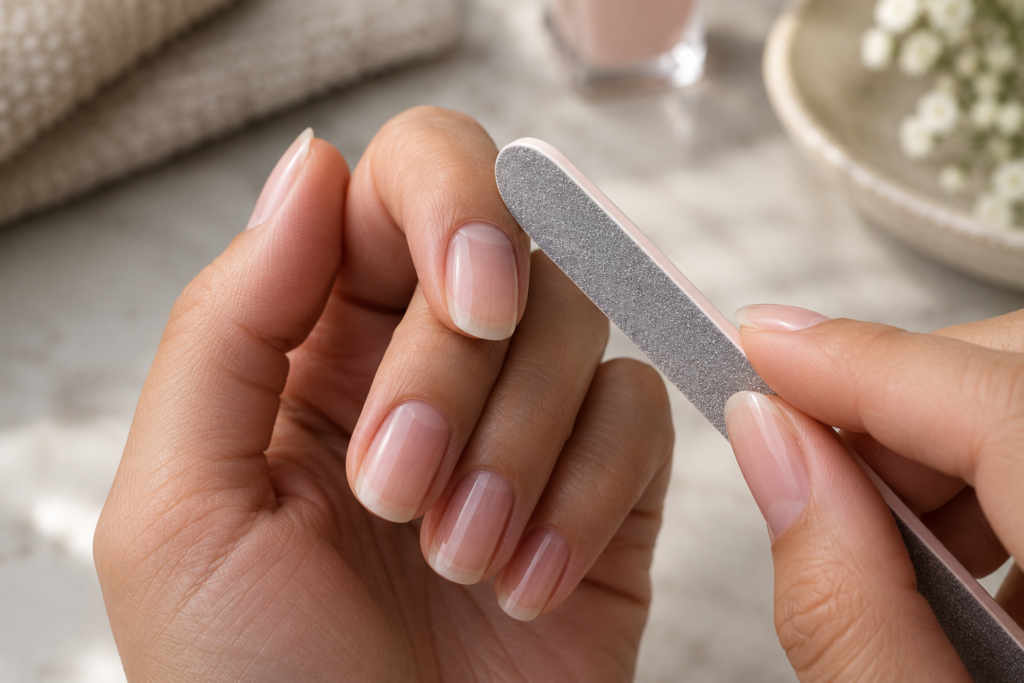 Hand doing a light touch-up filing to maintain nail shape
