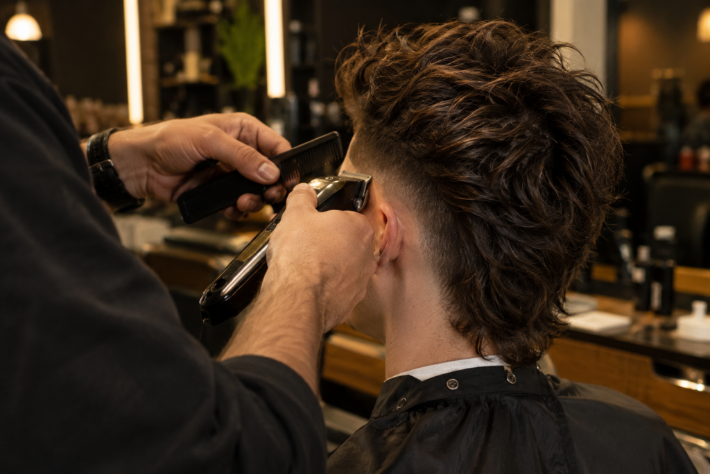 Barber trimming the tapered sides of a warrior cut haircut