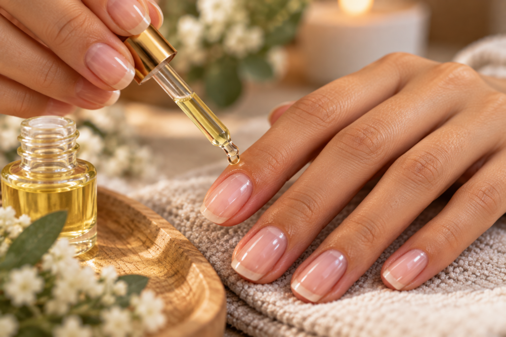 Hand applying cuticle oil to healthy nails