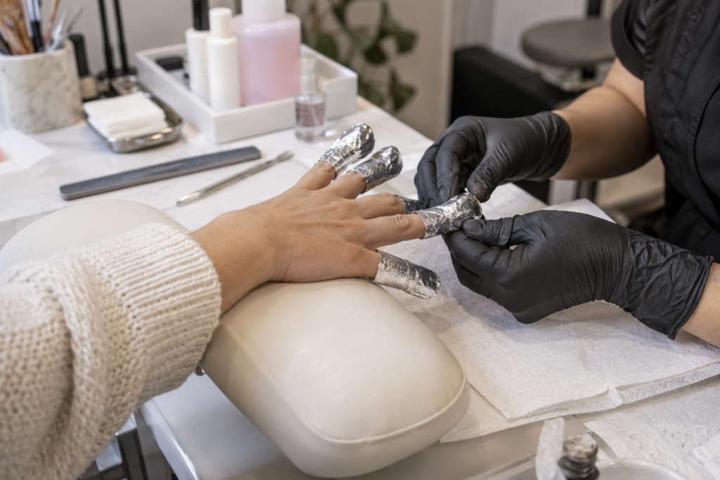 Nail technician removing old gel polish using a soak-off method
