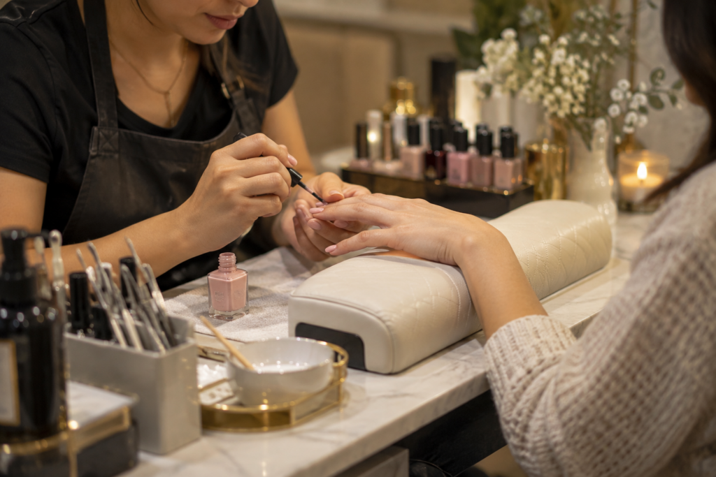 Nail technician applying polish to a client's hand at a salon