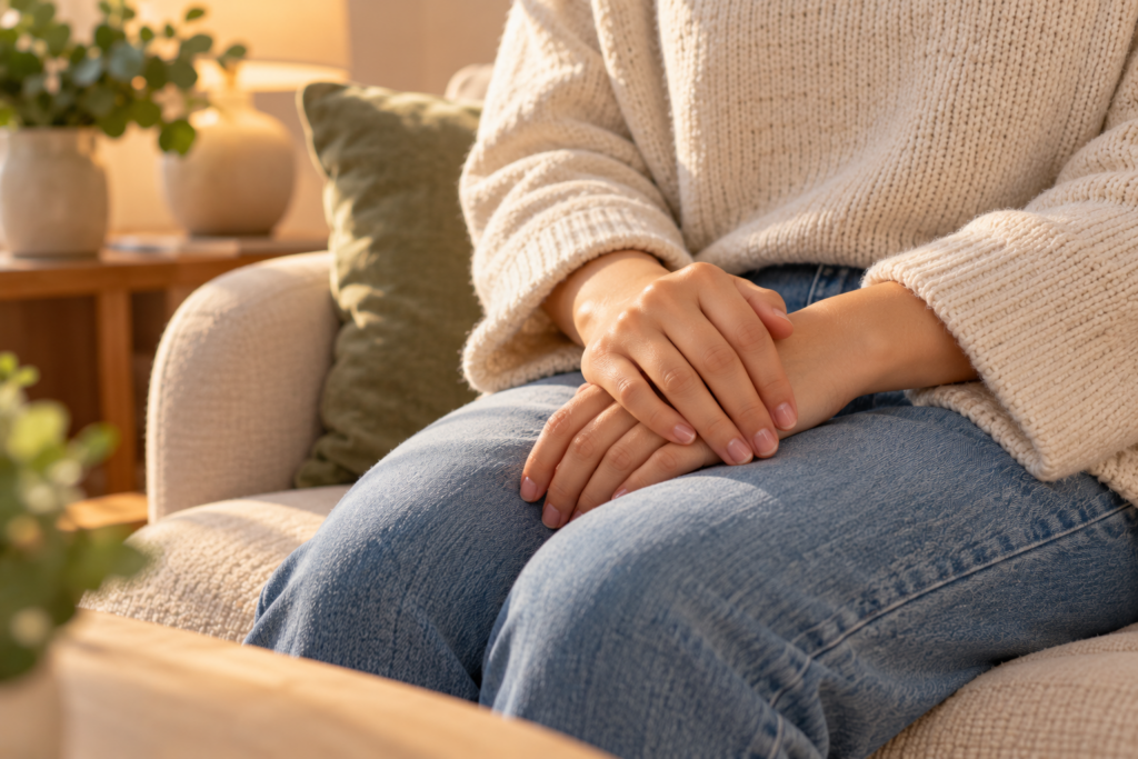 Person sitting calmly with hands resting in a relaxed posture