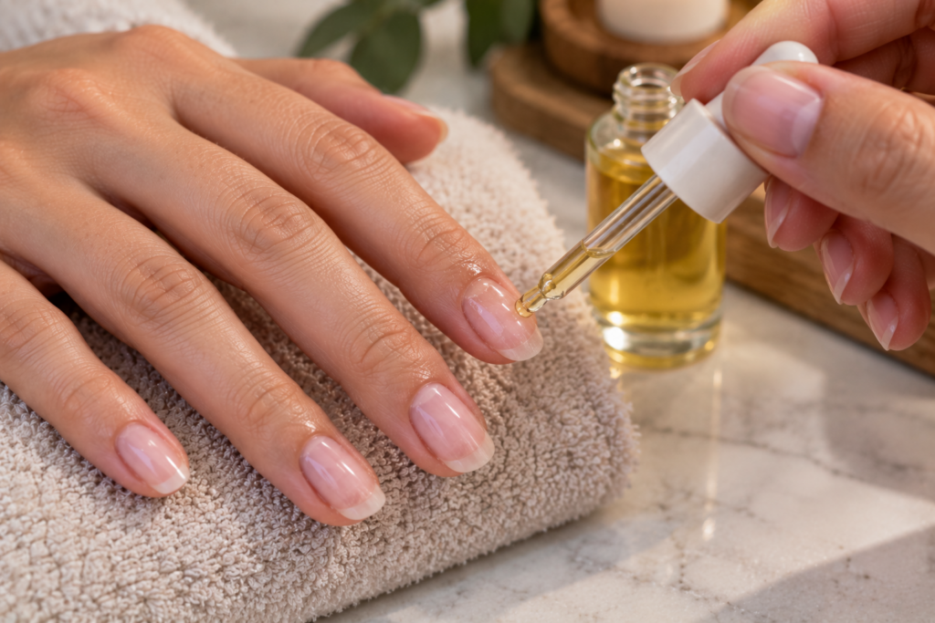 Hand applying cuticle oil to bare nails after acrylic removal