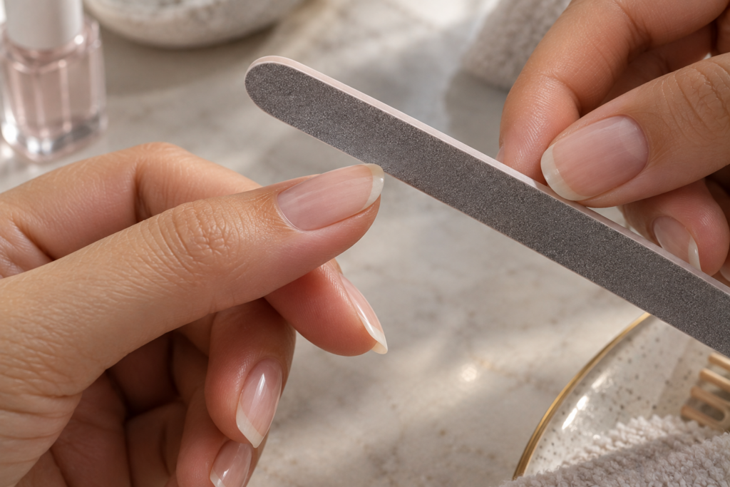 Hand filing a nail edge at a consistent angle