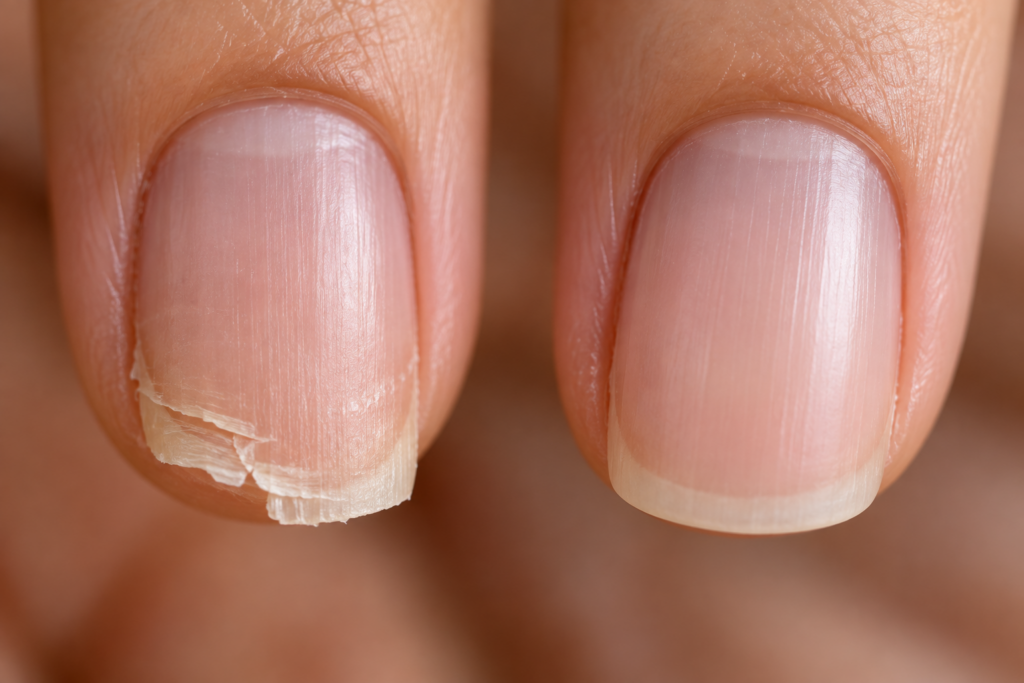Comparison of a split, peeling nail edge versus a smooth, healthy edge