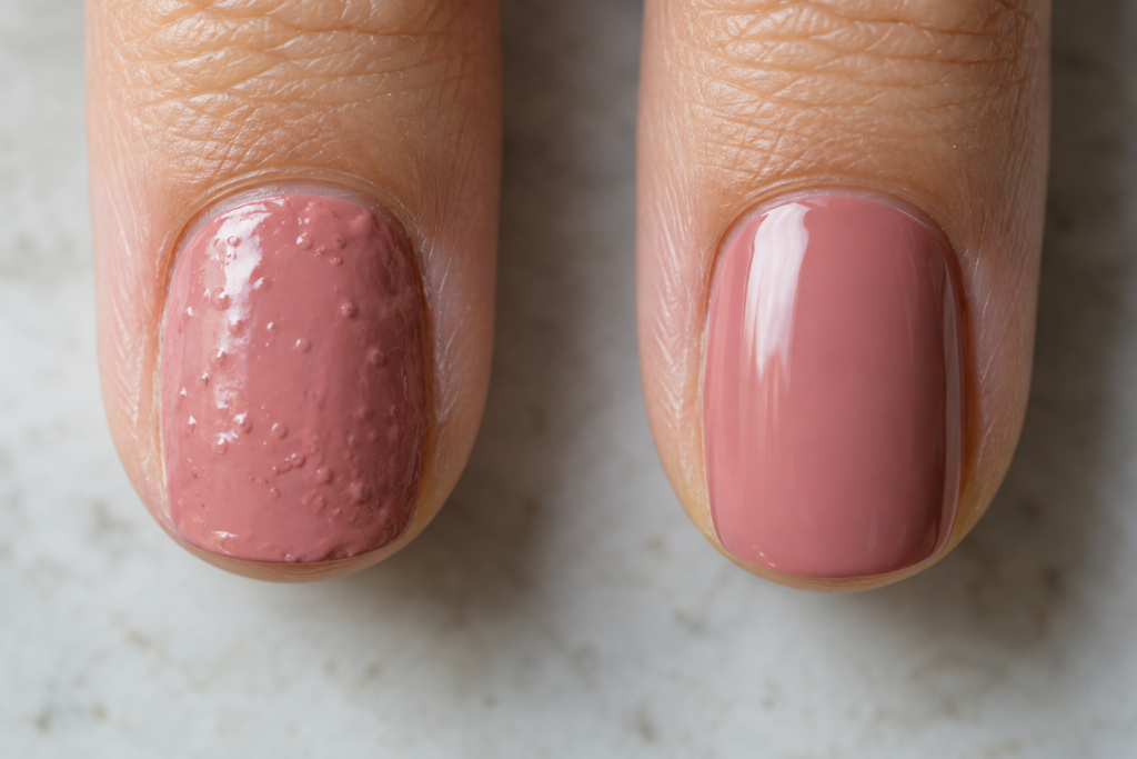 Comparison of bubbled nail polish versus a smooth, even finish