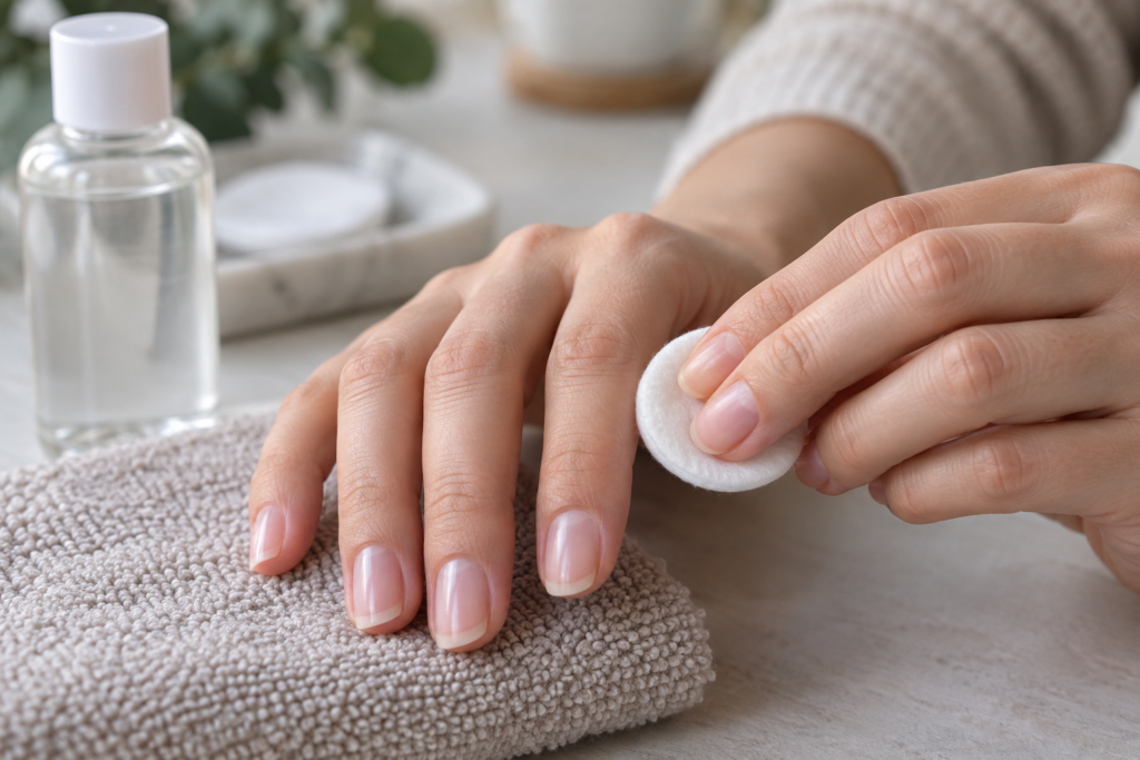 Hand wiping a nail with alcohol to remove oils before painting