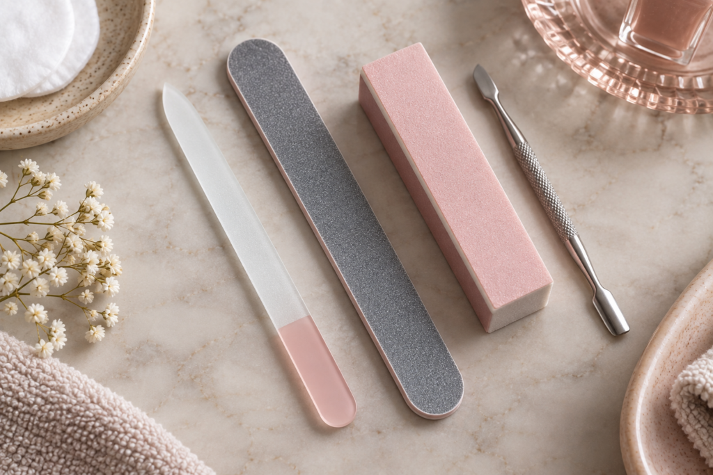 Nail shaping tools including a glass file, buffer, and cuticle pusher