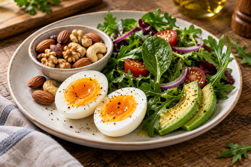 Plate of protein-rich foods including eggs, nuts, and leafy greens