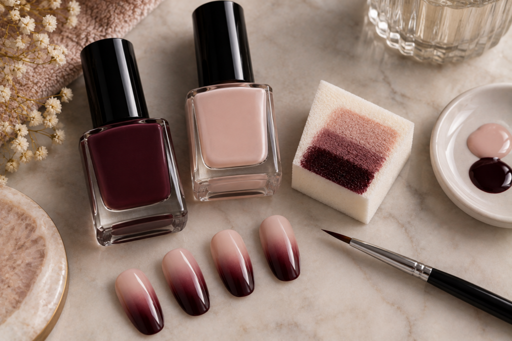 Ombre nail supplies including a makeup sponge and polish bottles