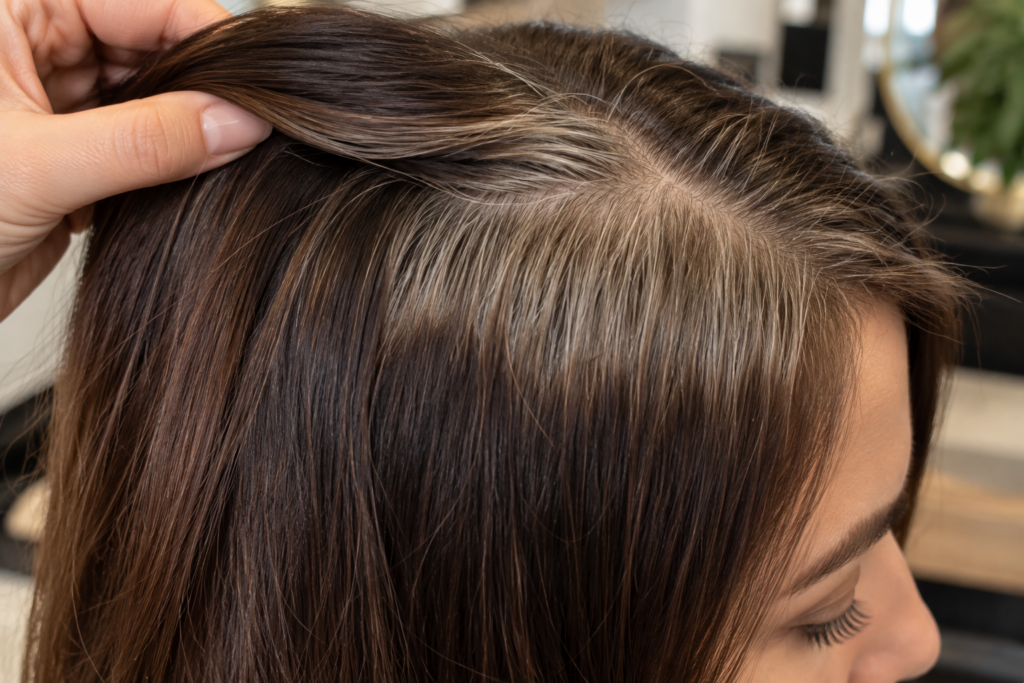 Hair showing natural root regrowth against permanent color further down the strand