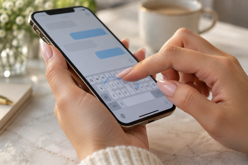 Hand with long nails swipe typing on a smartphone screen