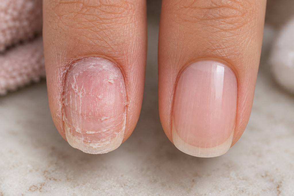 Comparison of a damaged nail from forced removal versus a healthy nail
