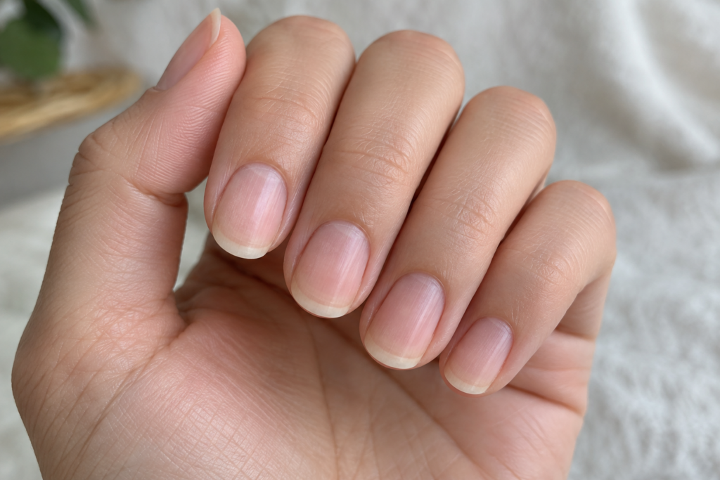 Hand with clean, bare natural nails after polygel removal