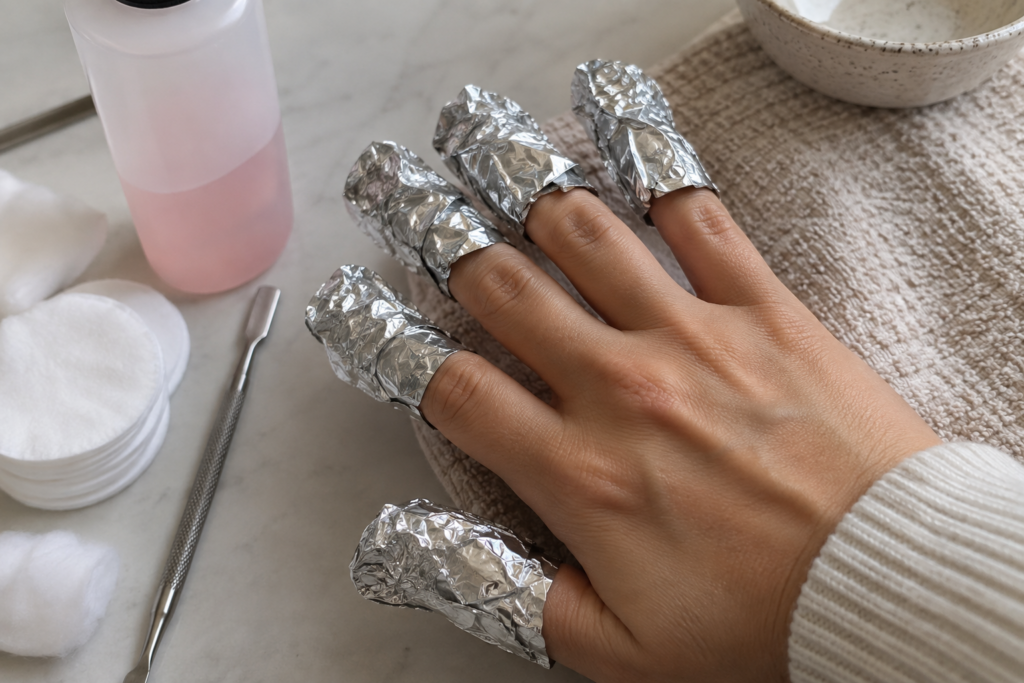 Fingers wrapped in foil soaking off polygel nails with acetone
