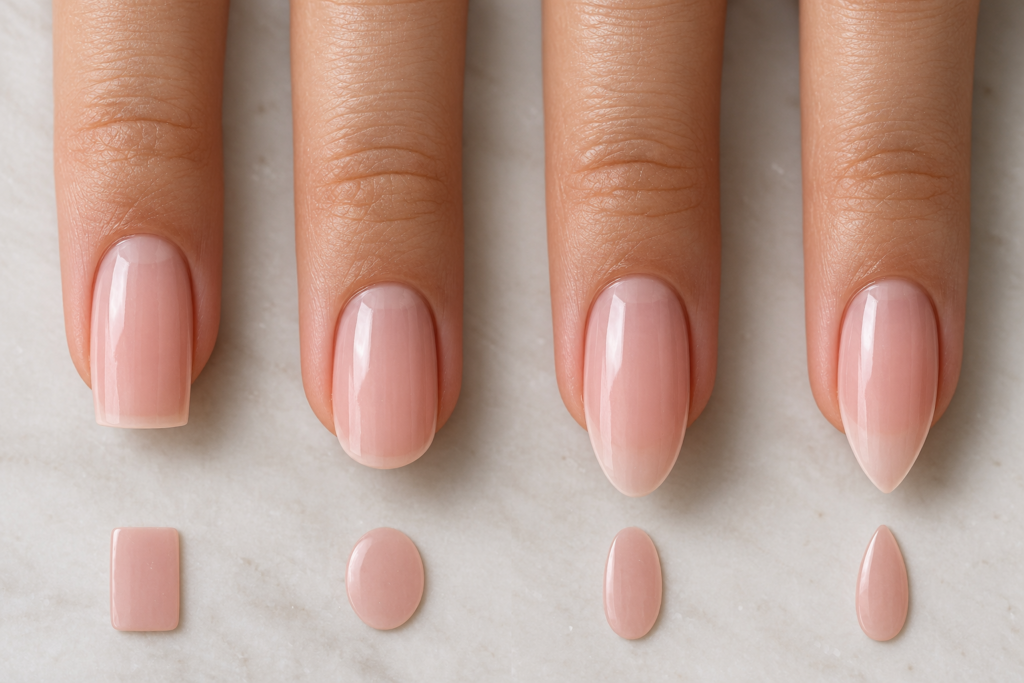 Comparison of different nail shapes including square, round, oval, and almond