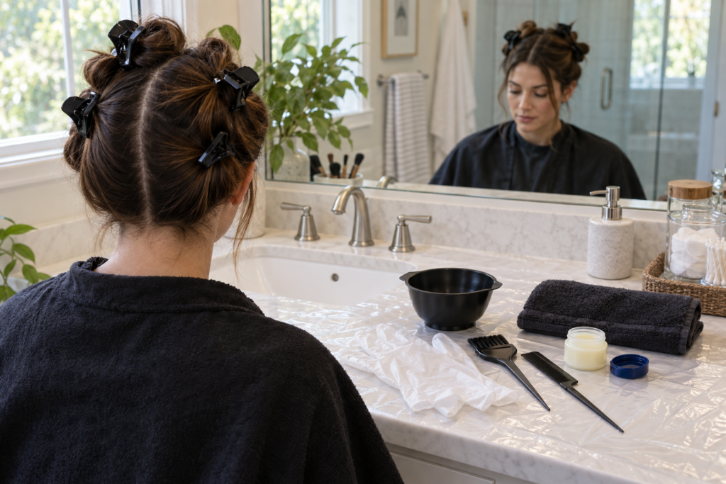 Brunette hair sectioned and tools prepared before home hair coloring