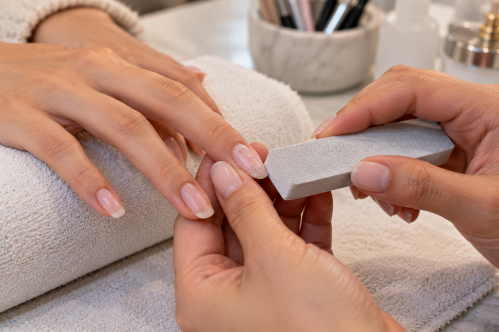 Hand having a natural nail buffed in preparation for acrylic application