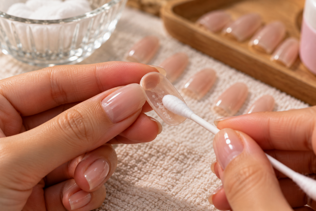 Hand cleaning adhesive residue off a press-on nail tip with a cotton swab