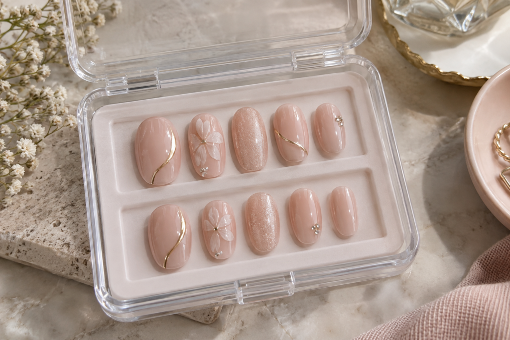 ustom press-on nail set displayed in a storage case