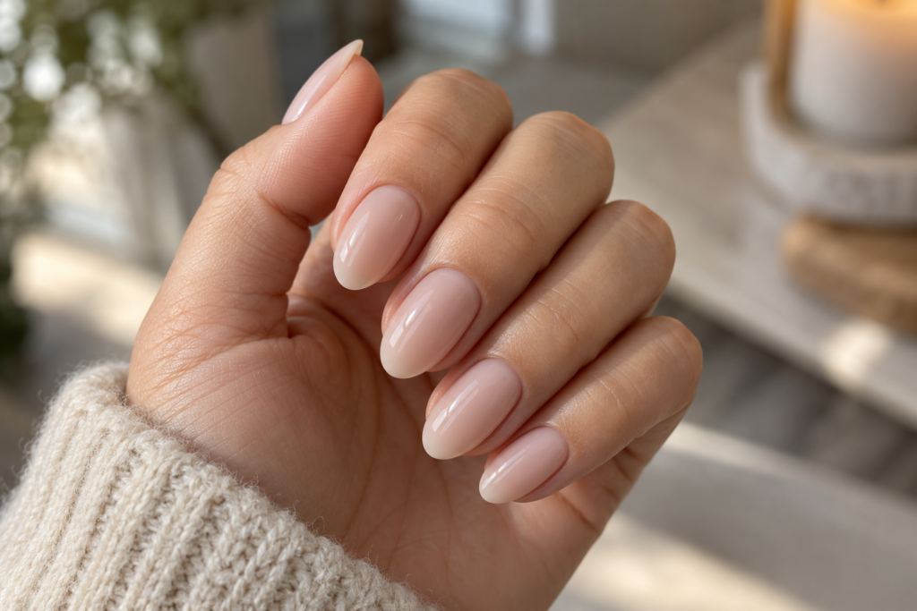 Hand with a press-on nail set showing a secure, well-applied fit