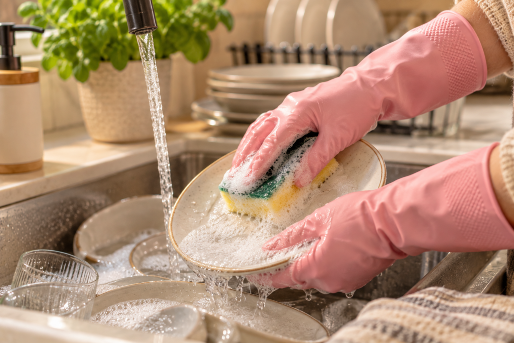 Hand wearing rubber gloves while washing dishes to protect nails