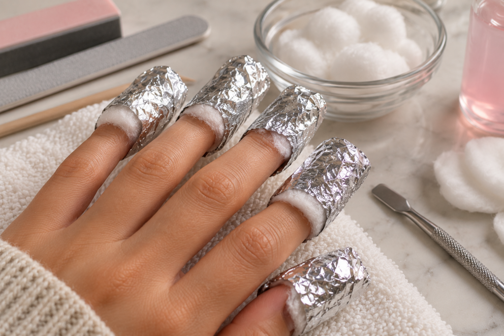 Fingers wrapped in foil soaking off Gel-X extensions with acetone
