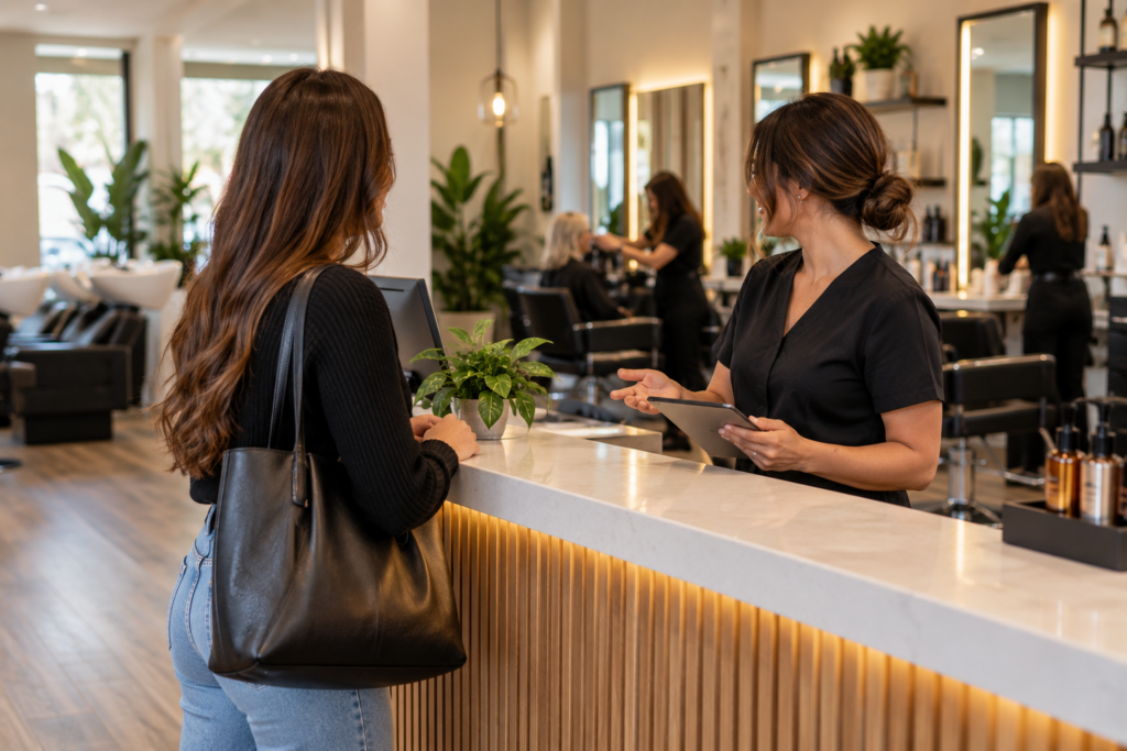 Customer speaking with a salon staff member at the front counter