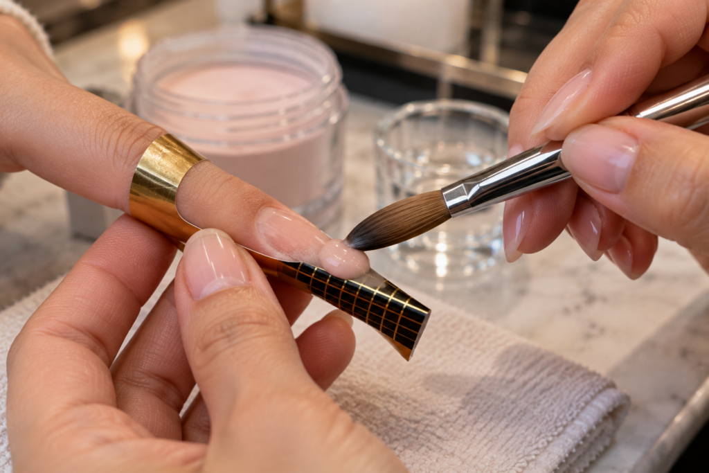 Hand sculpting a wet acrylic bead onto a nail form with a brush
