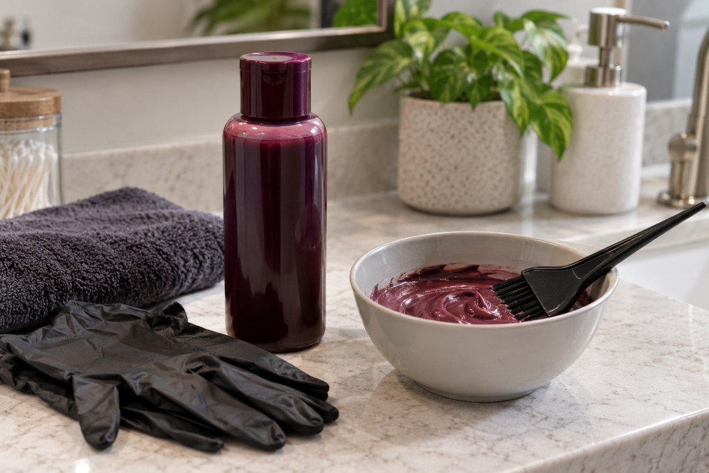 Semi-permanent hair color bottle and application supplies on a counter