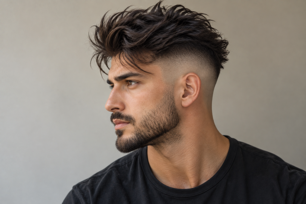 Man with a skin fade warrior cut showing contrast beween sides and top