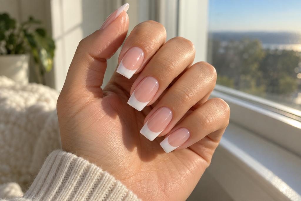 Hand with crisp white-tipped acrylic nails near a sunlit window