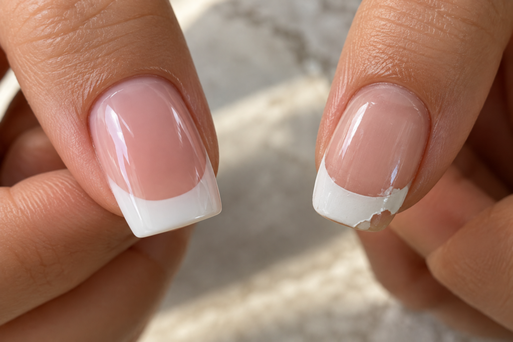 Comparison of a solar acrylic nail versus a chipped painted French manicure