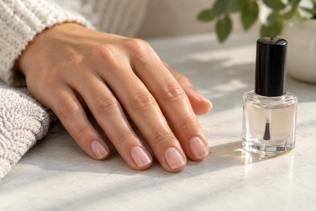 Neatly trimmed, polished nails with a bitter-tasting deterrent polish nearby