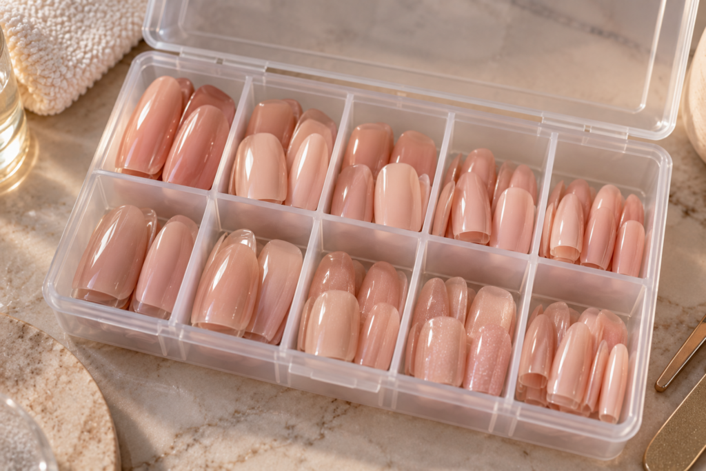 Press-on nail tips organized by size in a labeled storage case