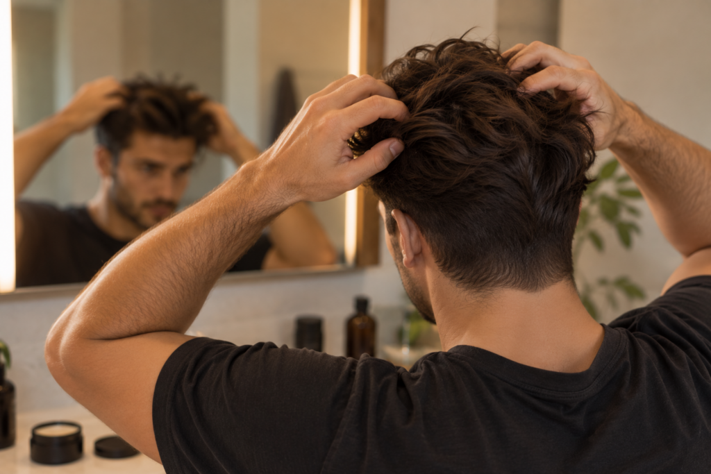 Man applying matte clay to thick, textured warrior cut hair