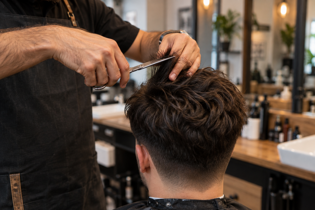 Barber texturizing thick hair on top using point cutting technique
