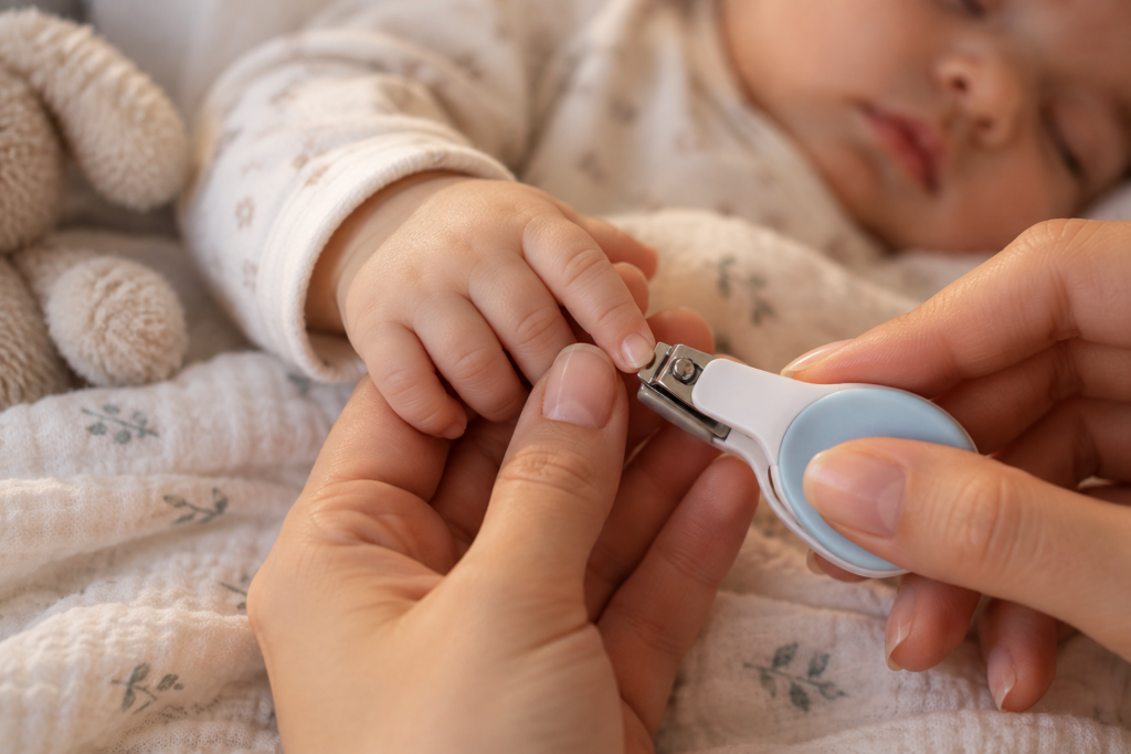 Parent trimming a sleeping baby's fingernail with baby-safe clippers
